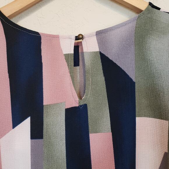 Bobeau Multicolor Geometric Abstract Double Ruffle Sleeve Boxy Blouse Size Small - Picture 4 of 9